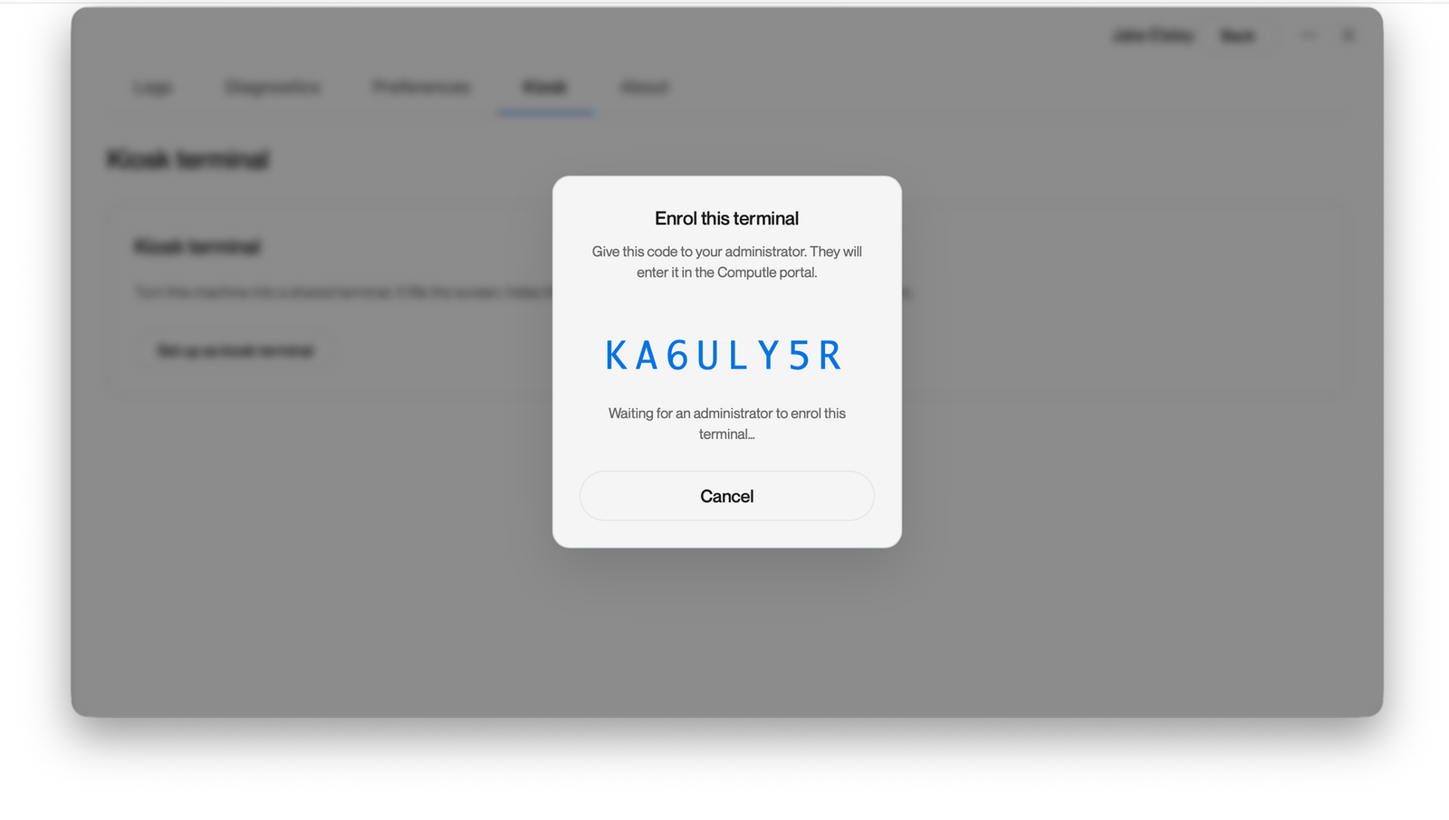 Kiosk terminal enrolment code in the Computle Client